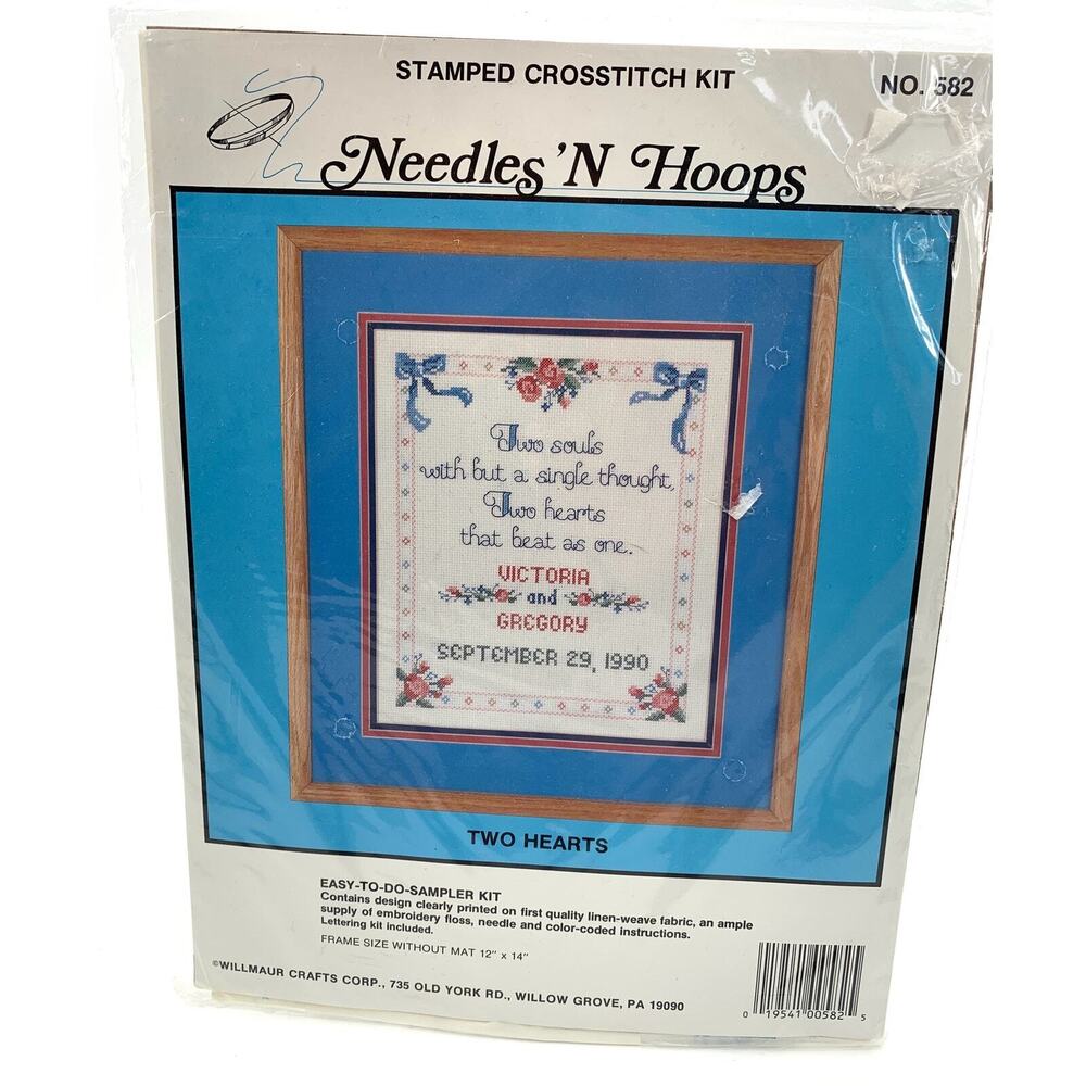 Needles & Hoops Marriage Themed Cross Stitch Kit โ Two Heartsโ USA Vtg NOS 90s